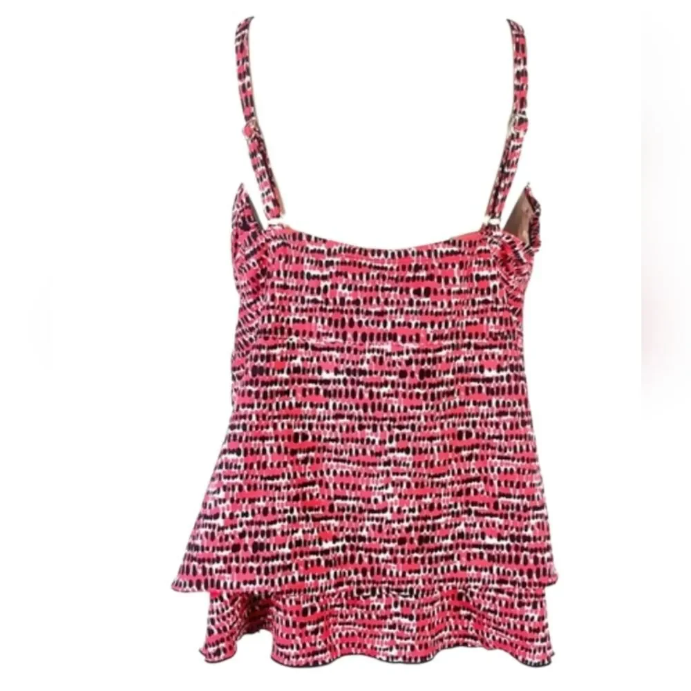Red Printed V-Neck Underwire Tankini Top with Ring Detail Size 20
